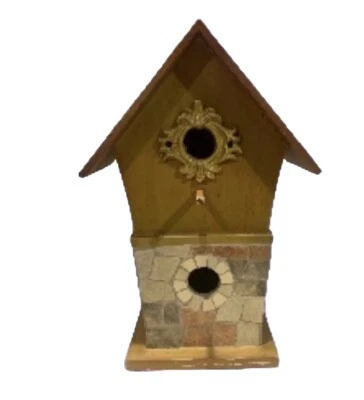 Birdhouse 15” Alto Dos Niveles Madera Pintada Envejecida y Mosaico Metal Percha Foto 1 de 4