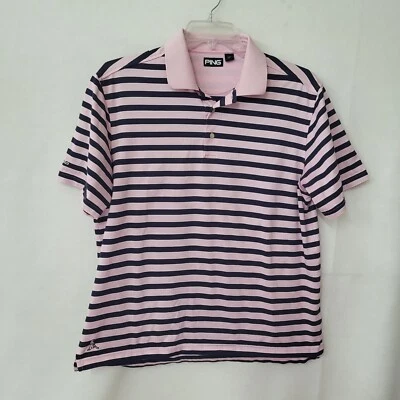 Ping Golf Polo Shirt Mens L Blue Pink Striped Logo Short Sleeve Preppy Office - Image 1 of 4