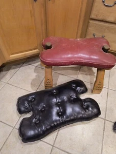 Vintage Camel Saddle Studded Wood Black AND red Leather Seat Foot Stool - Picture 1 of 24