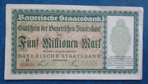 1923 GERMAN BAVARIA BAYERISCHE BANK CIRCULATED 5 MILLION MARK BANKNOTE - Picture 1 of 2
