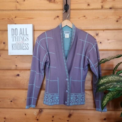Coloris George Georgiou Vintage Purple Cardigan Plaid Floral Sweater Wool Size S - Image 1 of 4