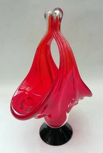 Italian Art Glass Red Basket Style Ornament With Black Base 22cm High Vintage - Picture 1 of 8