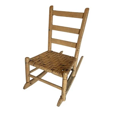 Antique Childs Rocking Chair Shaker Ladder Back Splint Seat Chippy Shabby Primtv - Image 1 of 4