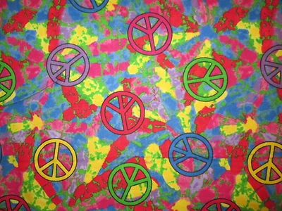 TIE DYE PEACE SYMBOLS COLORS BRIGHT COTTON FLANNEL FABRIC FQ - Image 1 of 4