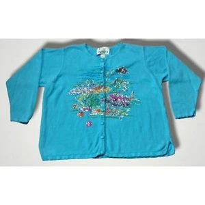Quacker Factory Sequined Beach Motif Cardigan Blue Size 2X - Picture 1 of 8