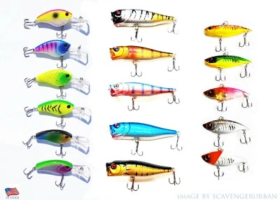 LOTE DE 16 SEÑUELOS DE PESCA TOP WATER POPPER VIB CEBO DURO SWIMBAIT WOBBLER BASS Foto 1 de 4