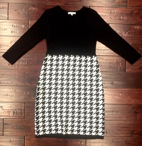 Studio One Womens sz  M  Sweater Dress Knit Black White Houndstooth 3/4 sleeve - Picture 1 of 9
