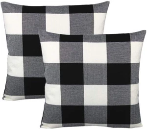 Pair 18 x 18 Black & White Buffalo Plaid Linen  Pillow Covers ~  Farmhouse #D50 - Picture 1 of 2