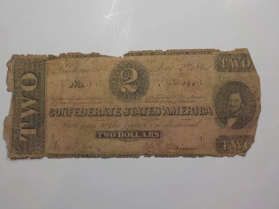 Civil War Confederate 1862 2 Dollar Bill Richmond Virginia Paper Money Currency  - Image 1 of 2