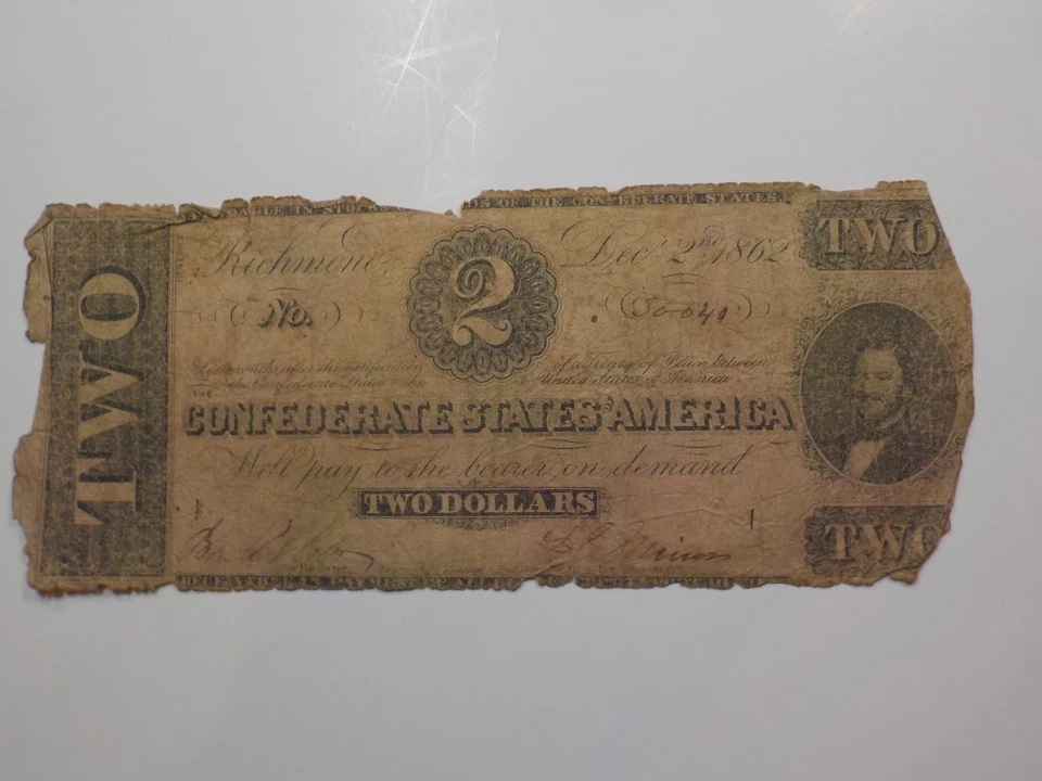 Civil War Confederate 1862 2 Dollar Bill Richmond Virginia Paper Money Currency  - Image 1 of 2