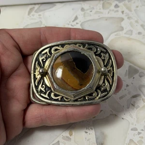 Vintage Western Tiger’s Eye Belt Buckle Ornate Brass Silver Tone 1970s Cowboy - Picture 1 of 4