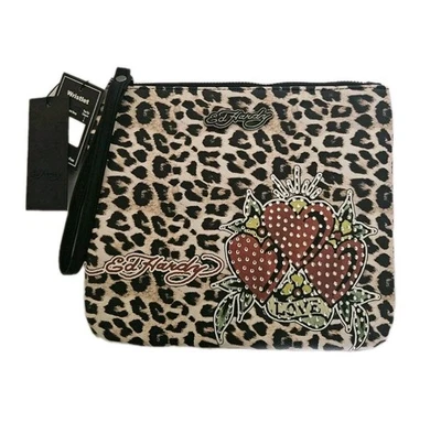 Bolsa de maquiagem Ed Hardy Wristlet estampa de salto chita bolsa 3 corações cravejada amor - Imagem 1 de 4