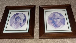 HOME INTERIORS&GIFTS~ 1970'S VEL MILLER PRINTS COWBOY&PRAIRE GIRL~WOOD FRAME - Picture 1 of 6