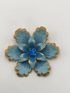 Vintage Austrian Enamel Rhinestone Flower Brooch Pin Blue Gold Tone - Picture 1 of 6