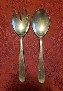Vintage Wallace Stainless Salad Spoon & Salad Fork Mid Century Modern 7 1/4" L - Foto 1 di 8