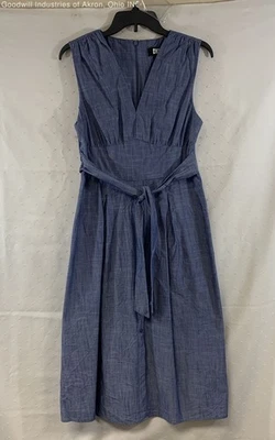 Vestido DKNY Azul Cambray Corbata Cintura Cuello en V Línea A Para Mujer Talla 4 Foto 1 de 3