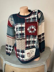 Vtg Christmas Sweater 👀 L Cottagecore Clutter Patchwork Plaid Wreath Teacher - Picture 1 of 10