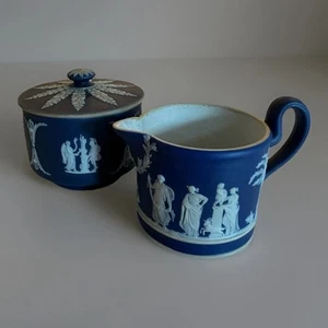 Antique Wedgewood Jasperware/Sugar Bowl And Creamer/Portland Blue - Picture 1 of 23