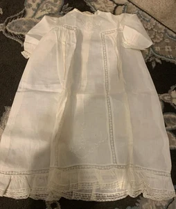 Vtg Baby Girl/Doll White Linen Baptism Dress & Slip Lace 25" long - LOT28-27 - Picture 1 of 6