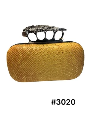 Faux Leather Yellow Clutch Purse With Winged Skull Knuckle Handle - Image 1 of 4