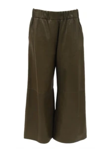 Loewe Women Cropped Wide Leg Pants Size Large Green Nappa Lambskin Leather - Picture 1 of 15