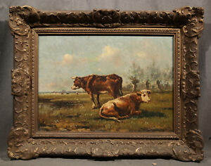 Antique German Northern European Landscape with Cows Cattle on Pasture