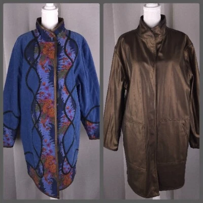 Vtg Koos Coat Womens M Blue Quilted Reversible Brown Vinyl Jacket Art to Wear - Image 1 of 4