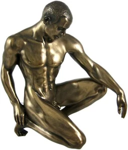Cold Cast Bronze Finish Kneeling Nude Male Handcrafted Statue Home Decor - Picture 1 of 5