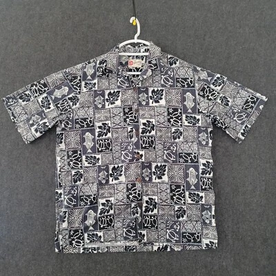 Hilo Hattie Shirt Mens Large Blue Black Button Up Fish Sea Turtle Geometric Camp - Image 1 of 4
