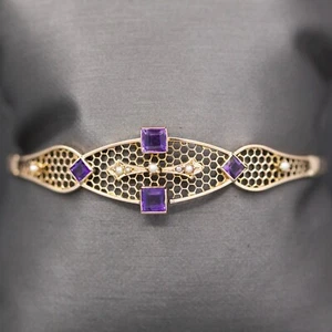 Antico Bracciale Rotondo Ametista Vittoriana e Semi Perla Oro Rosa 10k - Foto 1 di 9