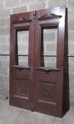 ~ ANTIQUE CARVED OAK DOUBLE ENTRANCE FRENCH DOORS ~ 49.25 X 82.25 ~ SALVAGE Cover