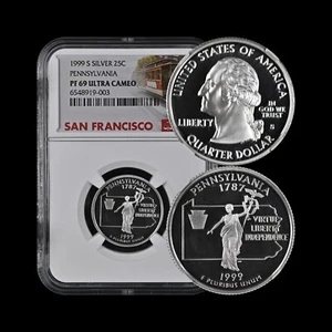 UNITED STATES. 1999, 25 Cents, Silver - NGC PF69 - Pennsylvania Quarter 003 - Picture 1 of 5