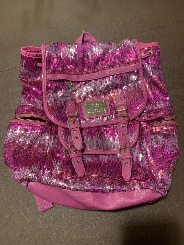 JUICY COUTURE PINK SEQUIN BACKPACK BAG PURSE, GOLD HARDWARE, POCKETS, BUCKLES - Image 1 of 4