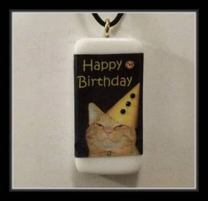 HAPPY BIRTHDAY - GINGER CAT DOMINO PENDANT WITH CORD AND CRYSTALS - Picture 1 of 4