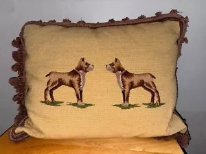 Vintage Needlepoint Boxer Dog Zipper Pillow With Brown Fringe & Cream Background - Picture 1 of 10