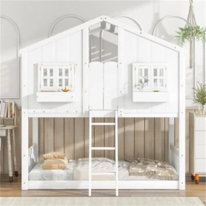Twin over Twin House Bunk Bed with Roof Safety Guardrails &Ladder for Kids White - Picture 1 of 21