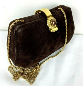 Vintage 80s Farnell Paris Brown Suede Velvet Gold Plated Chain Shoulder Bag - Picture 1 of 12
