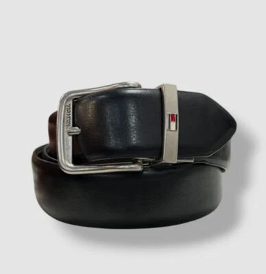 Tommy Hilfiger 男式黑色棕色双面人造皮革腰带 M 码 34-36 — 第 1/4 张图片