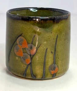 Handmade Pottery Demitasse Cup MCM Green with Orange Flowers Glazed 2.5" H - Picture 1 of 6