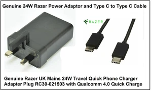 Genuine Razer UK Mains 24W Quick 4.0 Phone Charger Adapter Plug with USB Cable - Picture 1 of 4