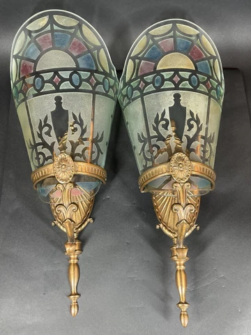 Pair of Vintage Hollywood Regency Bronze & Deco Painted Glass Sconces electric Cover