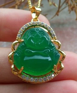 Yellow Gold Plate Chalcedony Agate JADE Buddha God Pendant Necklace 397703 - Picture 1 of 9