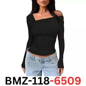 Darong Women's Long Sleeves Y2K Shirts Asymmetrical Basic Fitted Blouse, Black L - Picture 1 of 4