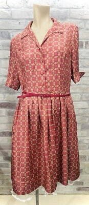 Silk Vtg Dark Pink & Cream Geometric Print Flowing Shirt Dress Ann Taylor 14p - Image 1 of 4