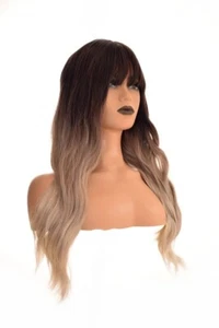 Long Dark Brown Ash Blonde Ombre Wavy Fashion Wig. Straight Fringe. Unisex - Picture 1 of 4