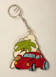 Volkswagen Bug Retro Keychain (B9B/JSF6) 1980s Beach Surfboard Palm Tree Beetle - Picture 1 of 5