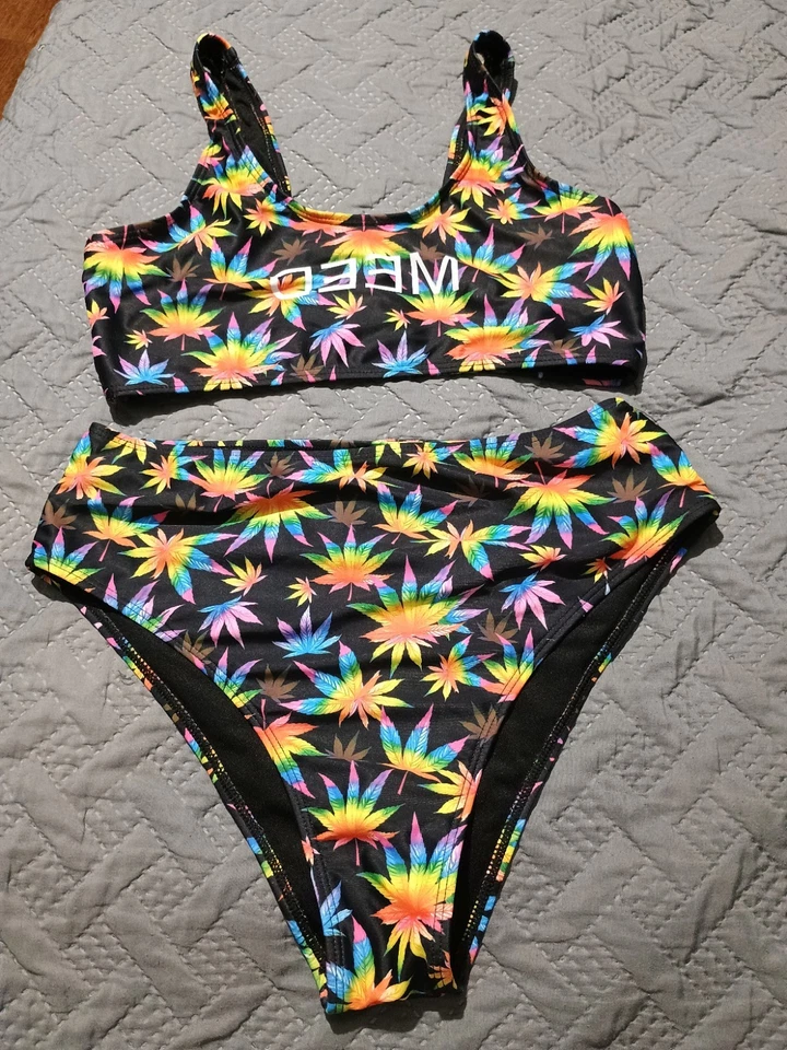 Women's Shien 0XL Neon Marijuana Leafs Two-piece Black Bikini - Image 1 of 4