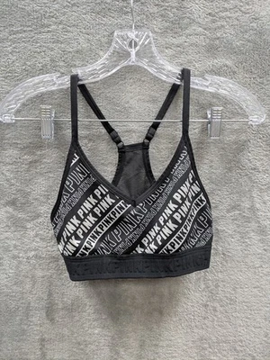 Sujetador deportivo PINK VS Ultimate para mujer pequeño negro deletreado Foto 1 de 4