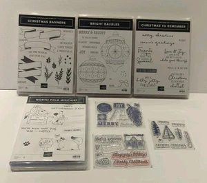 Stampin Up! Lot Of 4 Stamp Sets + 3 extra sheets Bundle Photopolymer Christmas - Picture 1 of 7