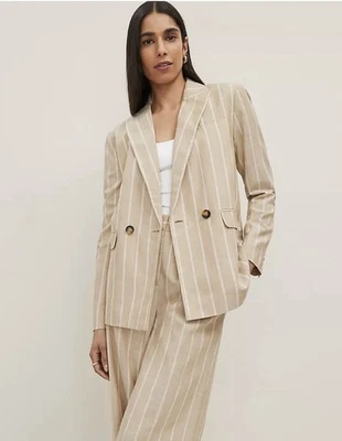 Blazer Ann Taylor 18 Tostado Rayas Lino Doble Pecho Antiguo Dinero Academia Elegante Foto 1 de 4